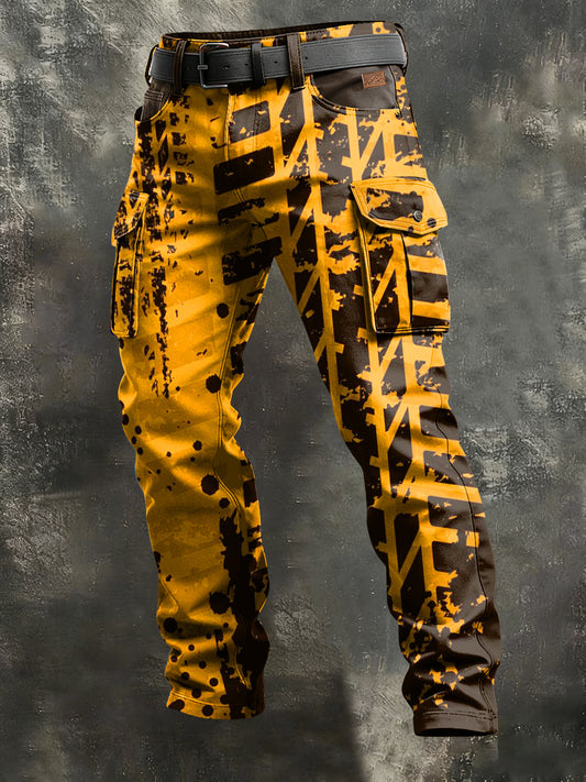 Men's Retro Vacation Business Wheel Mark Art Print Casual Workwear Trousers