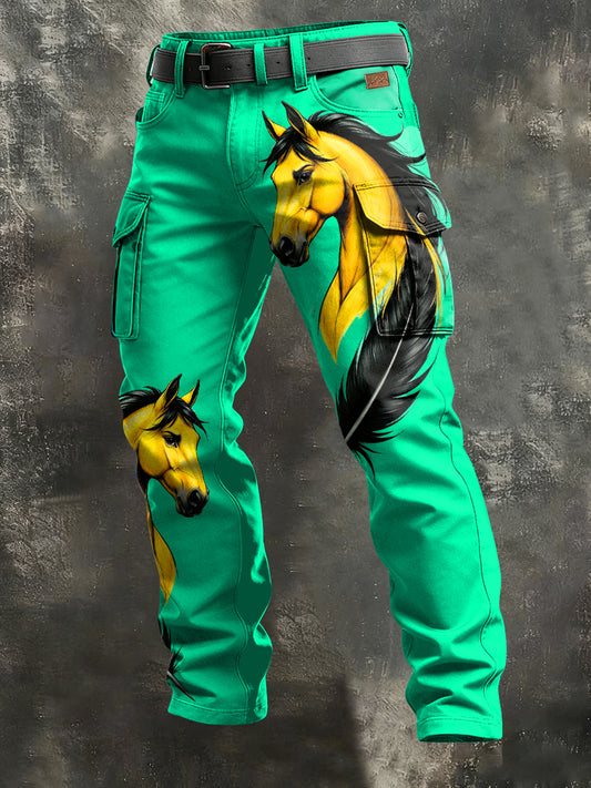 Men's Retro Vacation Business Horse Art Print Casual Workwear Trousers