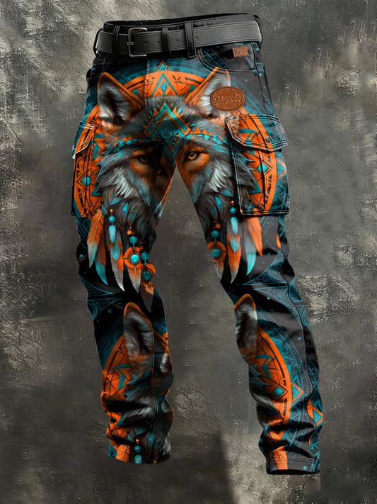 Men's Retro Vacation Business Wolf Art Print Casual Workwear Trousers