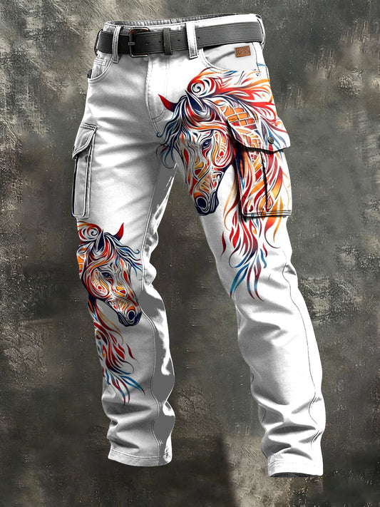 Men's Retro Vacation Business Horse Art Print Casual Workwear Trousers