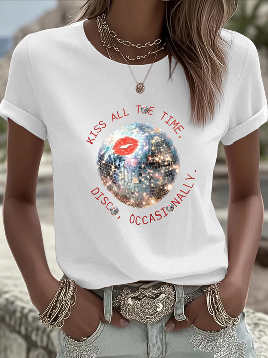 Women's Kiss All The Time Disco Occasionally Printed Iron On Short Sleeve T-Shirt