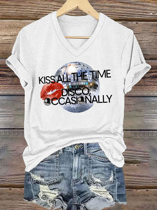 Women's Kiss All The Time Disco Occasionally Printed Iron On Short Sleeve T-Shirt