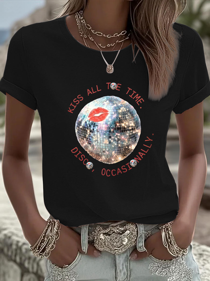 Women's Kiss All The Time Disco Occasionally Printed Iron On Short Sleeve T-Shirt