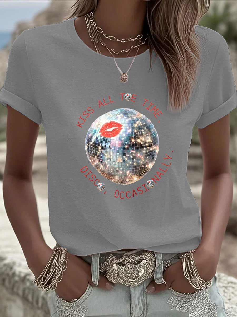 Women's Kiss All The Time Disco Occasionally Printed Iron On Short Sleeve T-Shirt