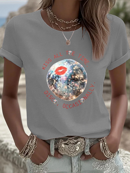 Women's Kiss All The Time Disco Occasionally Printed Iron On Short Sleeve T-Shirt