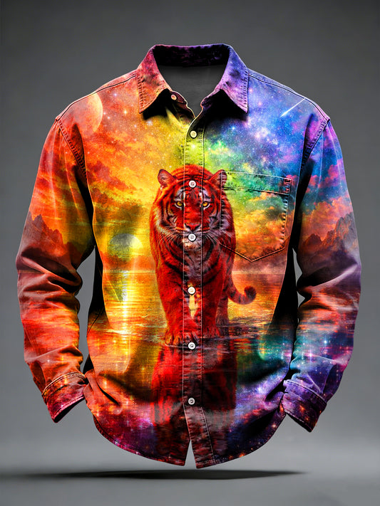 Men's Retro Punk Tiger Printed Long Sleeved Pocket Shirt