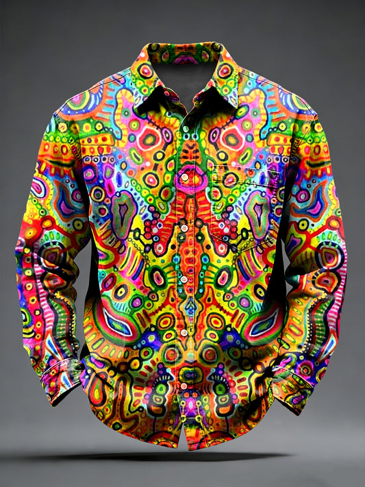 Men's Retro Psychedelic Punk Printed Long Sleeved Pocket Shirt