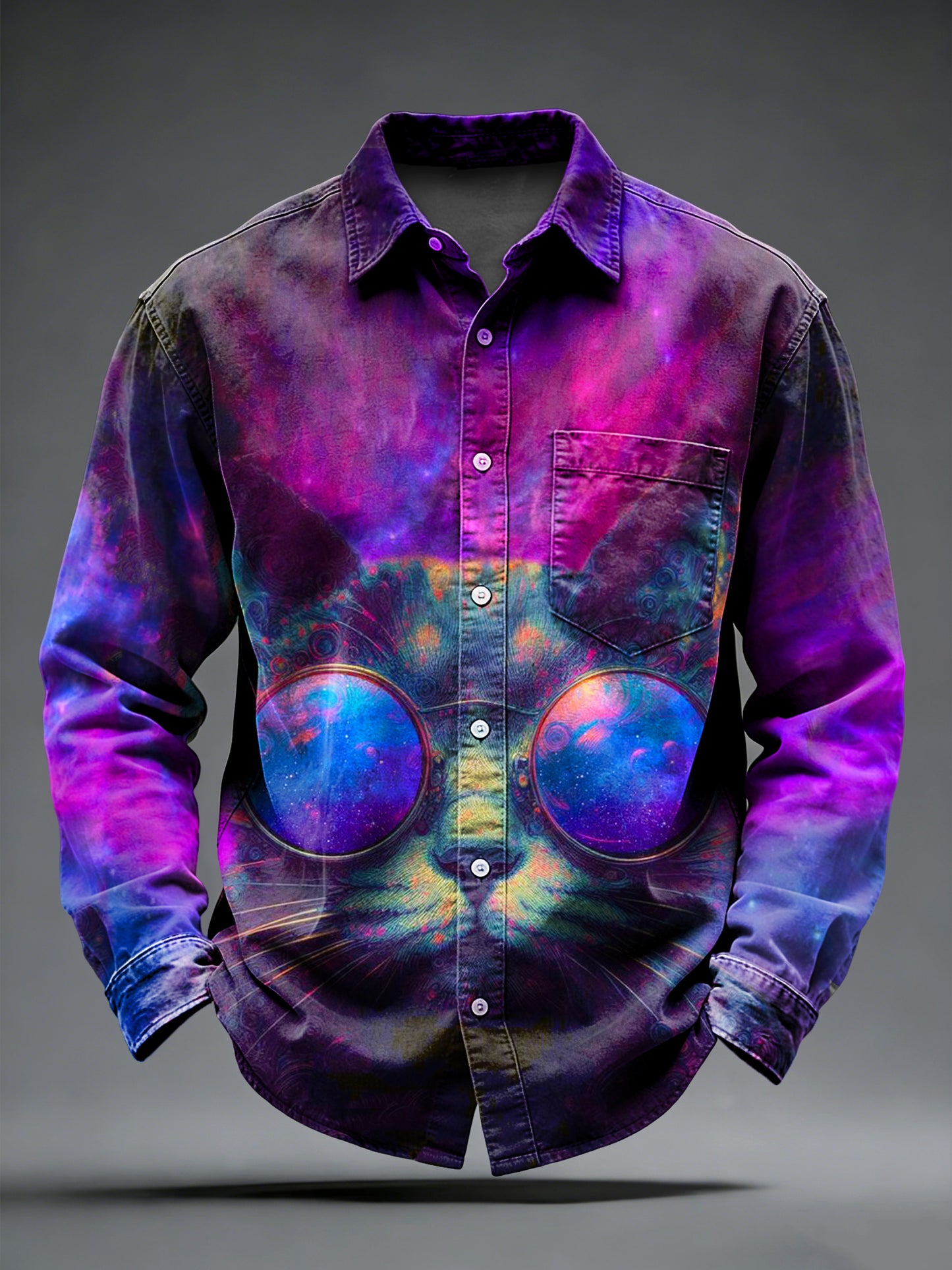 Men's Retro Psychedelic Punk Cat Printed Long Sleeved Pocket Shirt