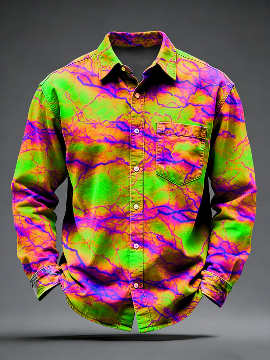 Men's Retro Psychedelic Punk Printed Long Sleeved Pocket Shirt