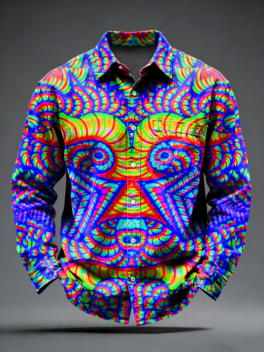 Men's Retro Psychedelic Punk Printed Long Sleeved Pocket Shirt