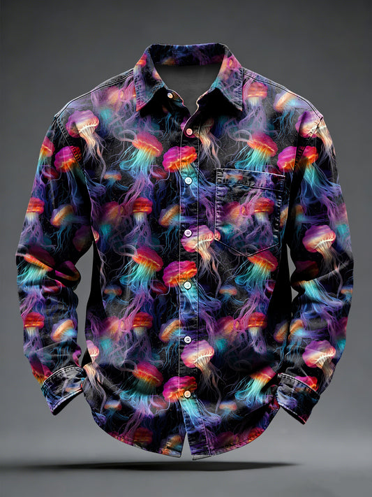 Men's Retro Psychedelic Punk Jellyfish Printed Long Sleeved Pocket Shirt