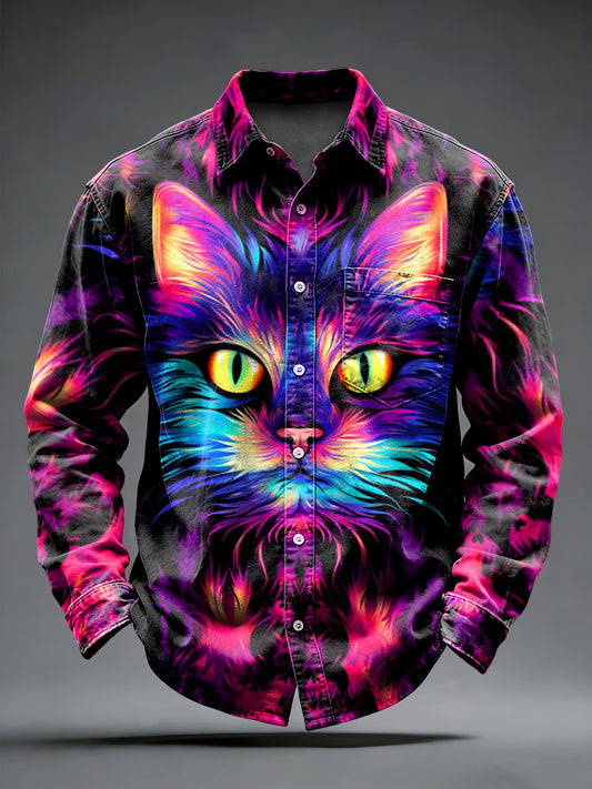 Men's Retro Psychedelic Punk Cat Printed Long Sleeved Pocket Shirt