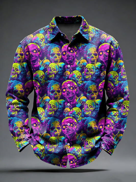 Men's Retro Psychedelic Punk Skull Printed Long Sleeved Pocket Shirt