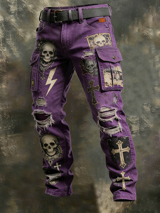 Men's Retro Vacation Business Punk Skull Art Print Casual Workwear Trousers