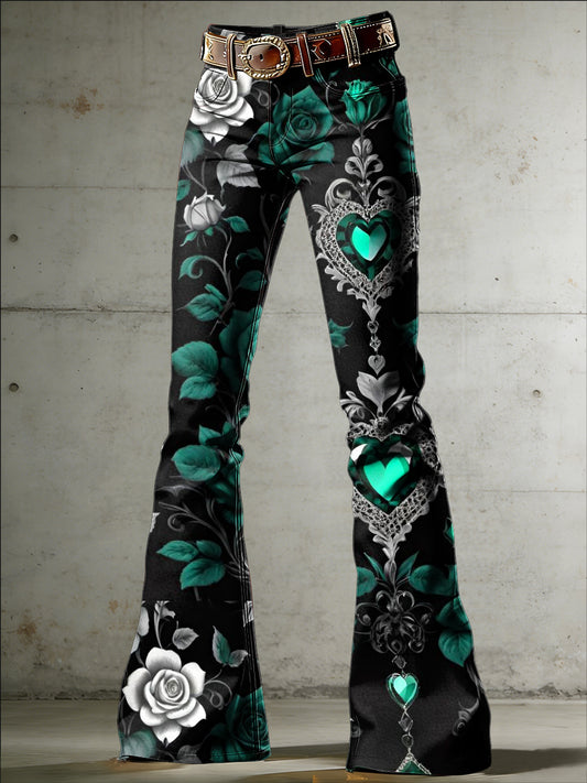 Women's Flower Art Print Flared Trousers