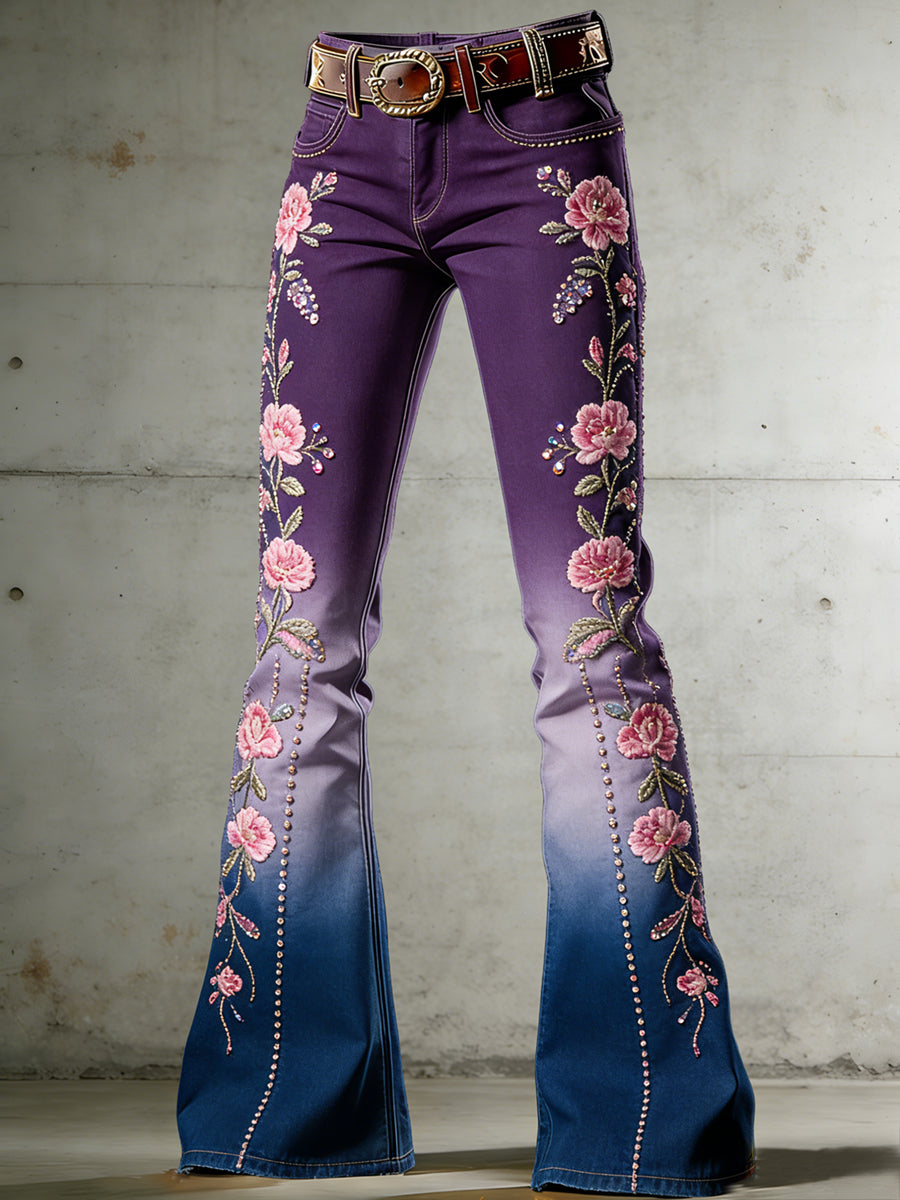 Women's Flower Art Print Flared Trousers