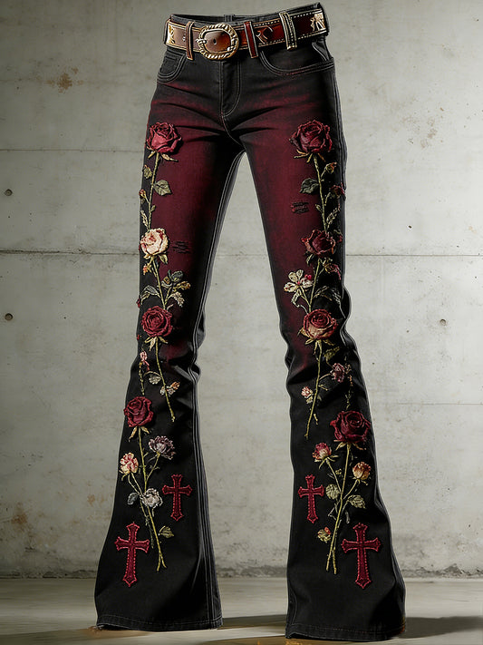 Women's Withered Rose Art Print Flared Trousers
