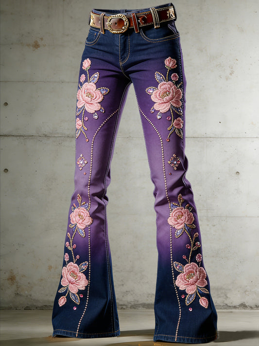 Women's Flower Art Print Flared Trousers