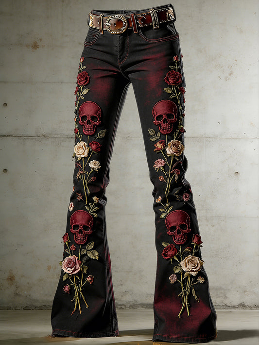 Women's Withered Rose Skull Art Print Flared Trousers