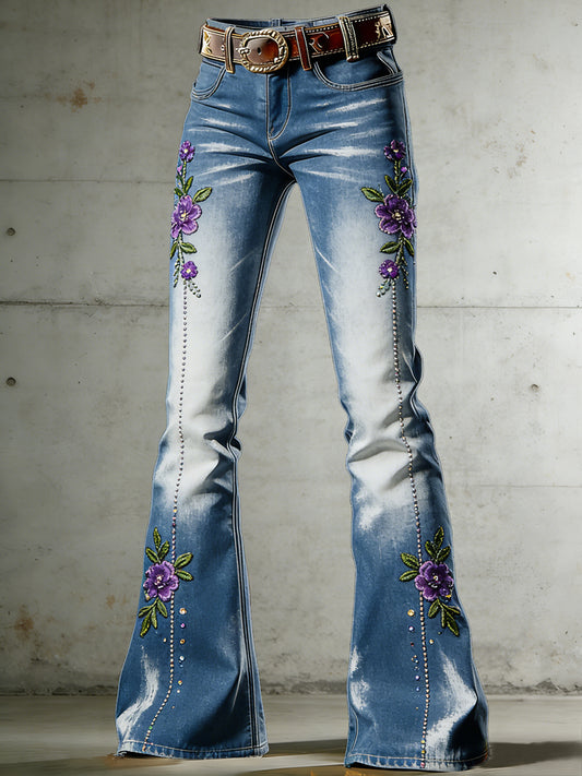 Women's Flower Art Print Flared Trousers