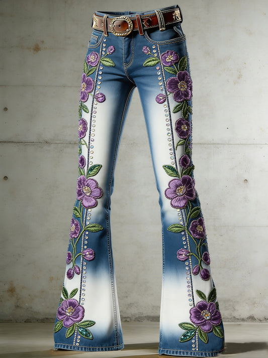 Women's Flower Art Print Flared Trousers