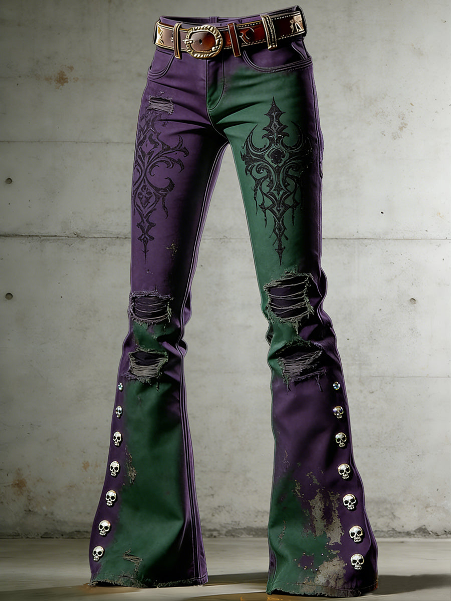 Women's Gothic Skull Art Print Flared Trousers