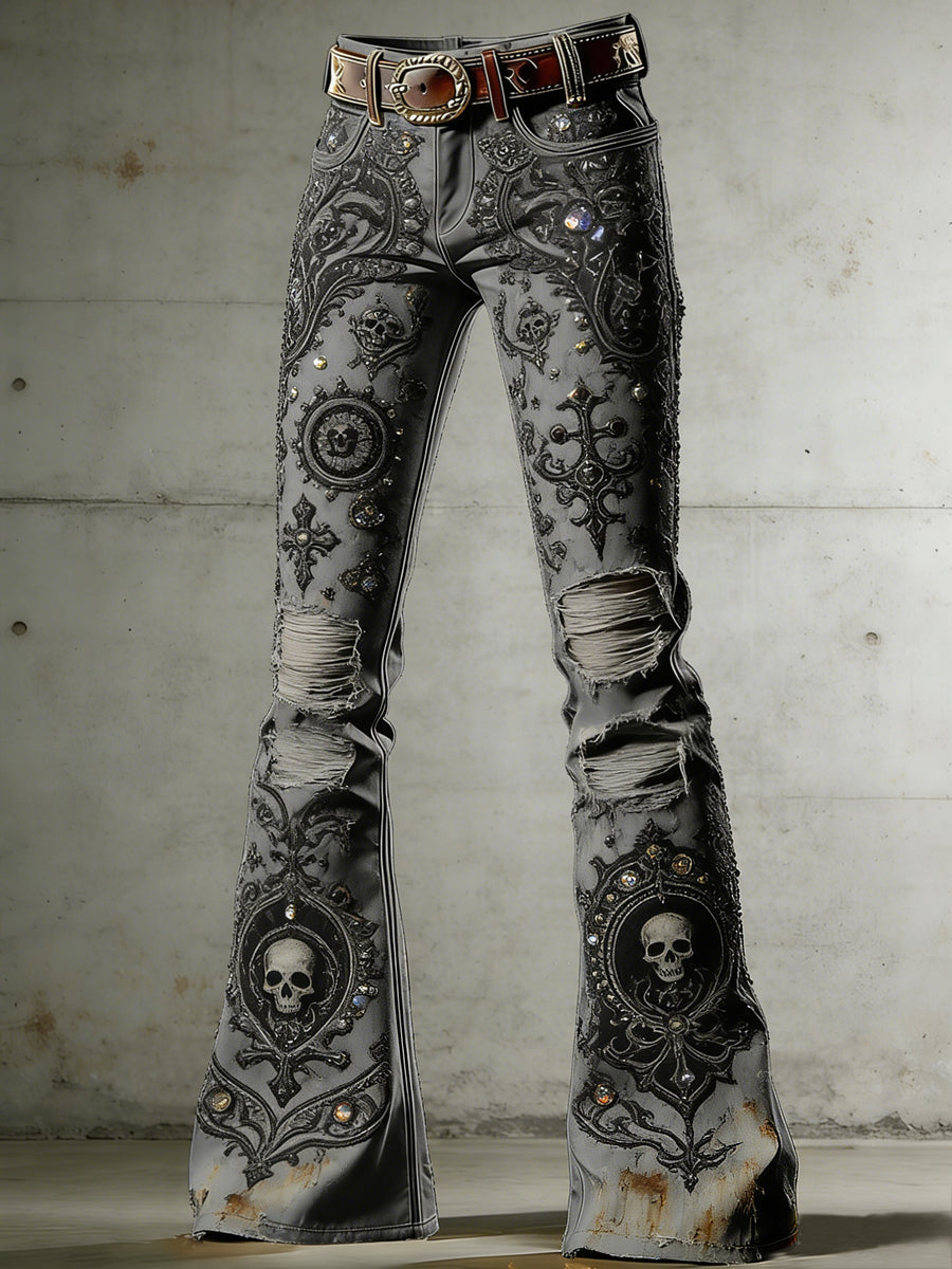 Women's Gothic Skull Art Print Flared Trousers