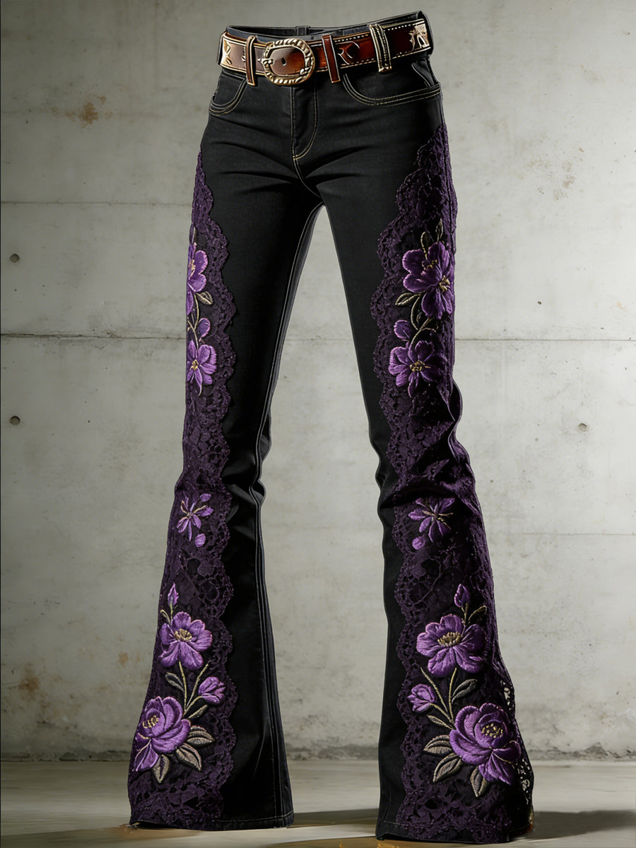 Women's Flower Art Print Flared Trousers