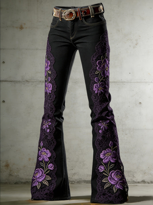 Women's Flower Art Print Flared Trousers