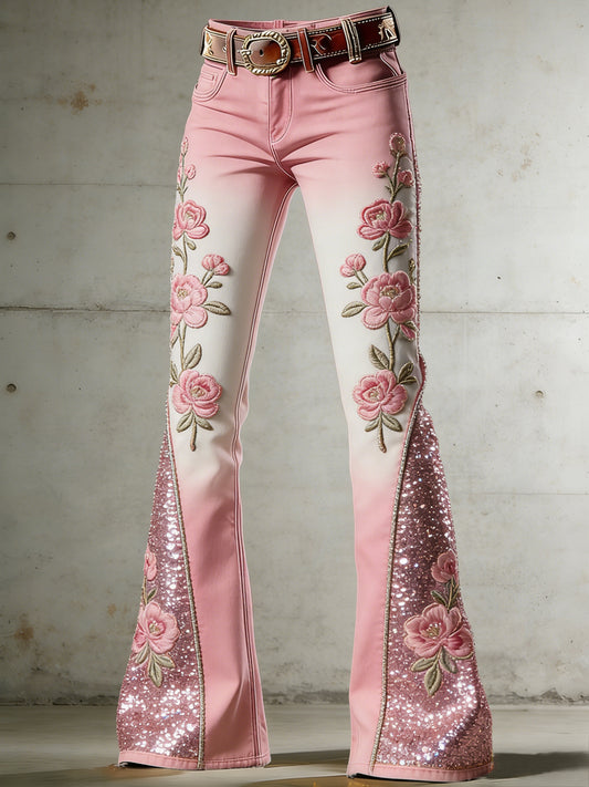 Women's Flower Art Print Flared Trousers