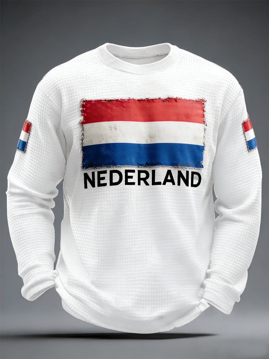 Men's  Nederland Flag Print Casual Waffle Long Sleeve T-Shirt