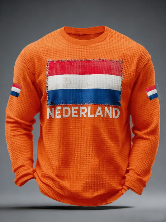 Men's  Nederland Flag Print Casual Waffle Long Sleeve T-Shirt