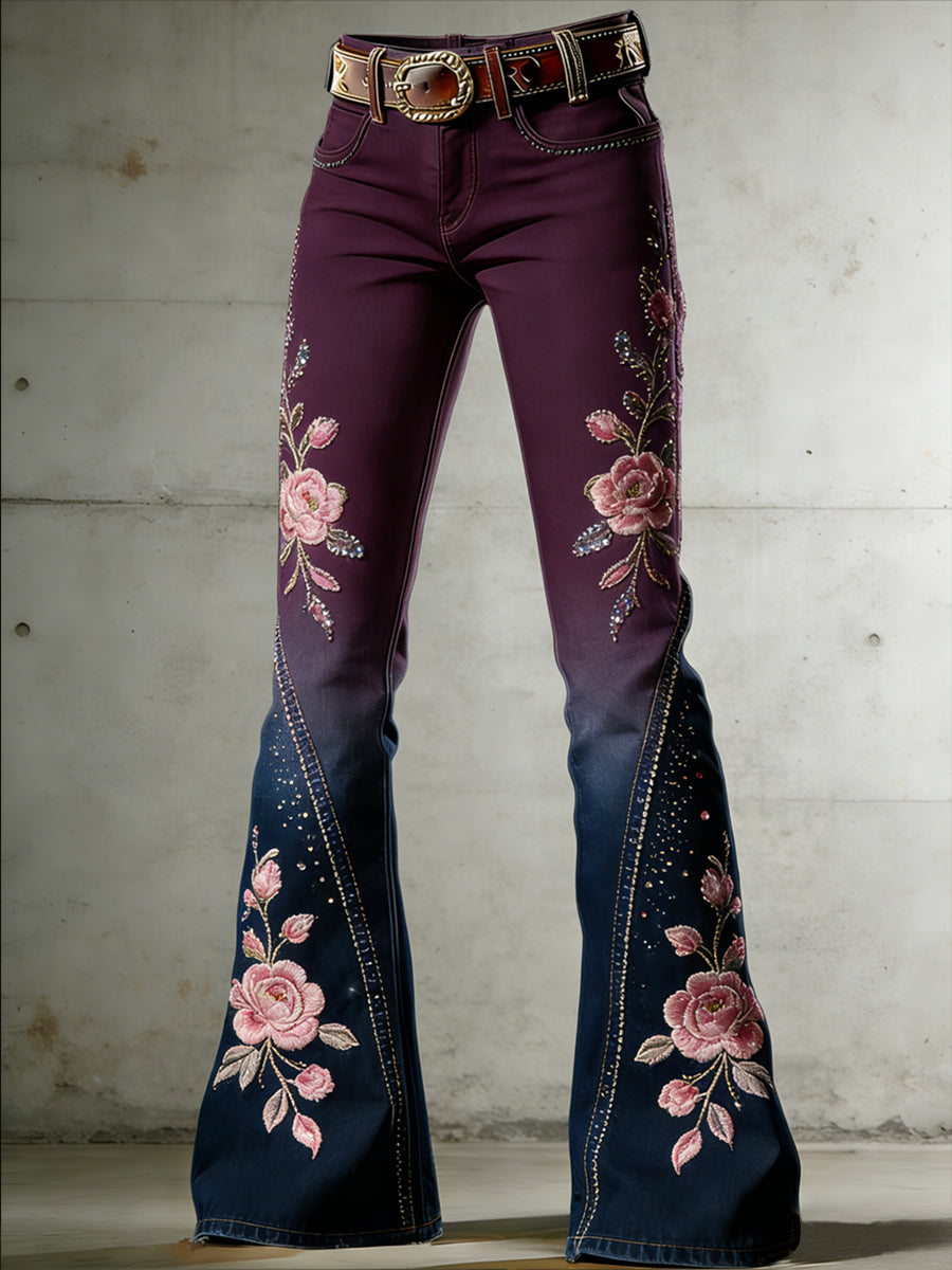 Women's Flower Art Print Flared Trousers