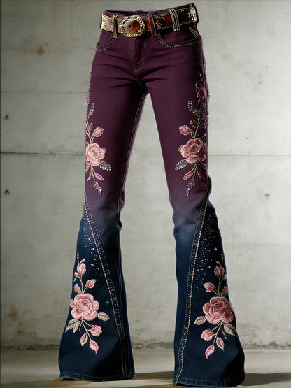 Women's Flower Art Print Flared Trousers