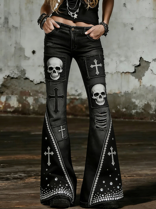 Women's Skull Art Print Flared Trousers