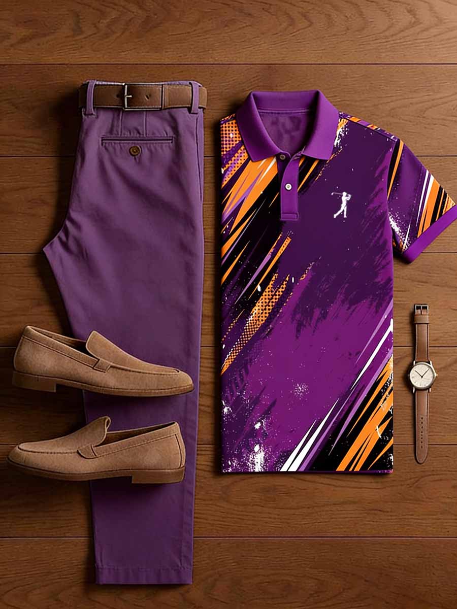Men's Vintage Business Casual Printed Polo Shirt Snd Pants Set