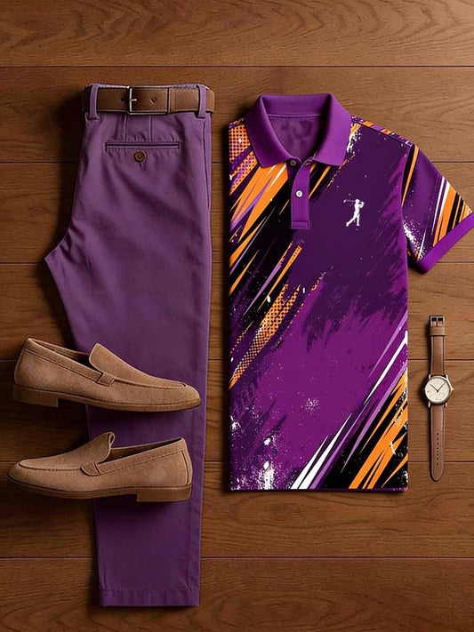 Men's Vintage Business Casual Printed Polo Shirt Snd Pants Set
