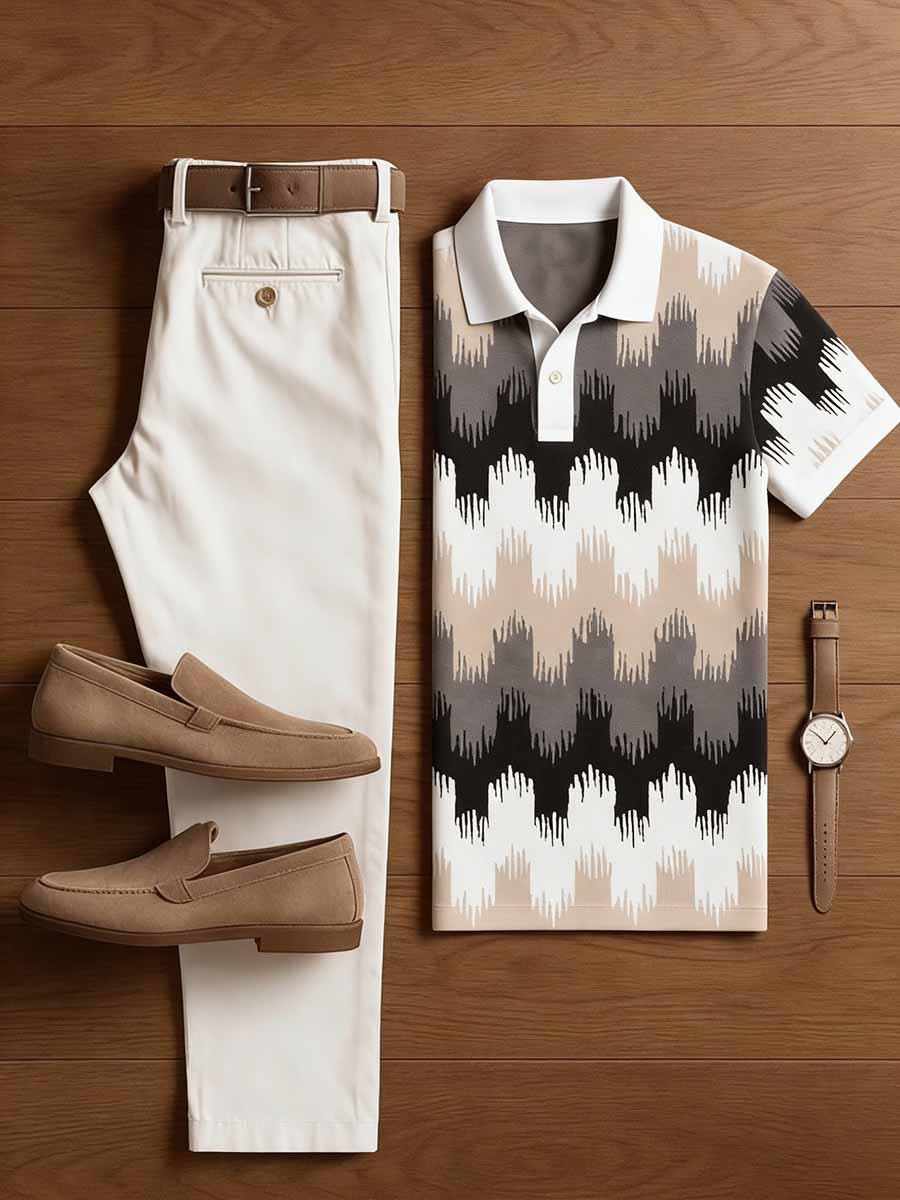 Men's Vintage Business Casual Printed Polo Shirt Snd Pants Set