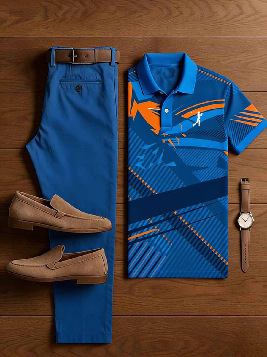 Men's Vintage Business Casual Printed Polo Shirt Snd Pants Set
