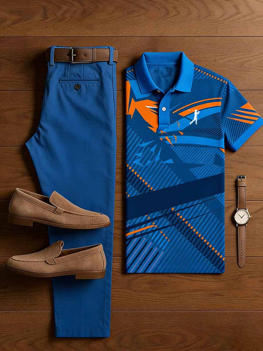 Men's Vintage Business Casual Printed Polo Shirt Snd Pants Set