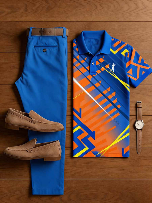 Men's Vintage Business Casual Printed Polo Shirt Snd Pants Set