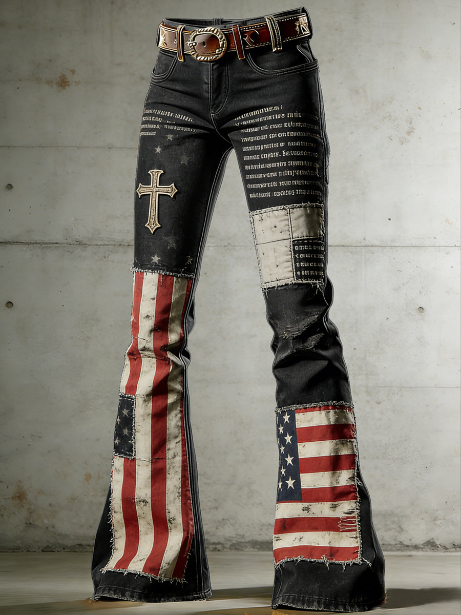 Women's American Flag Art Print Flared Trousers