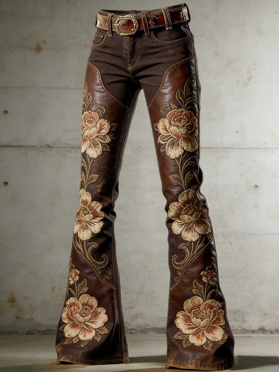 Women's Western Flowers Art Print Flared Trousers