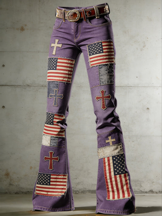 Women's American Flag Art Print Flared Trousers