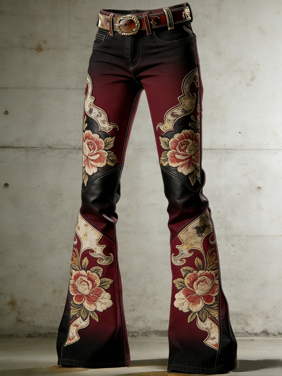 Women's Western Flowers Art Print Flared Trousers