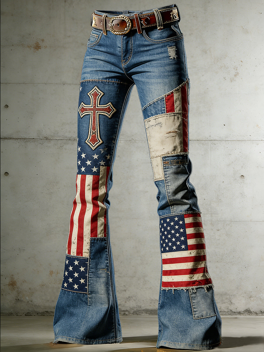 Women's American Flag Art Print Flared Trousers