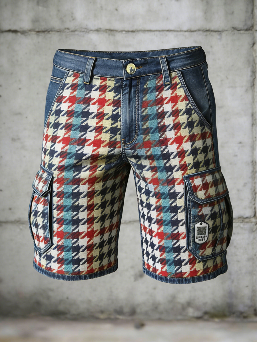 Men's Retro Vacation Business Houndstooth Art Print Casual Shorts