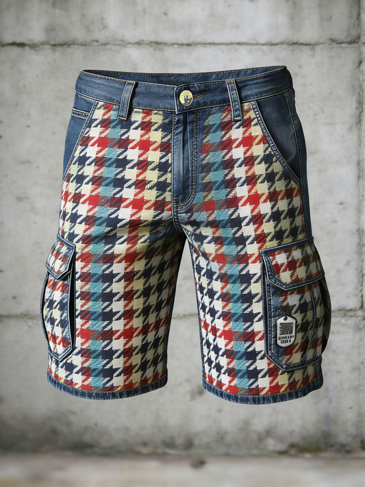 Men's Retro Vacation Business Houndstooth Art Print Casual Shorts