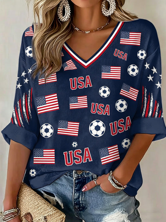 Women's V-neck Mid-Sleeve USA Soccer Printed Casual T-shirt