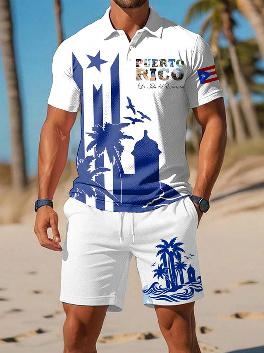 Men's Puerto Rico Print Vacation Top And Shorts Set